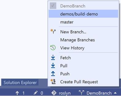 Aktuální větve, které můžete zobrazit pomocí stavového řádku v pravém dolním rohu integrovaného vývojového prostředí sady Visual Studio 