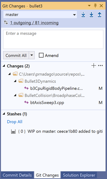 Okno Změny Gitu v sadě Visual Studio