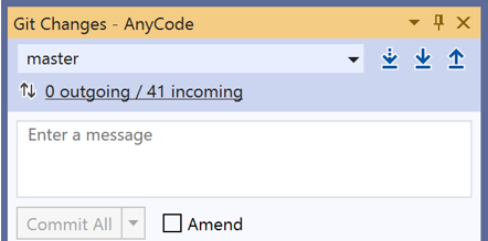 Okno Změny Gitu, které zobrazuje element uživatelského rozhraní rozevíracího seznamu indikátoru v sadě Visual Studio 