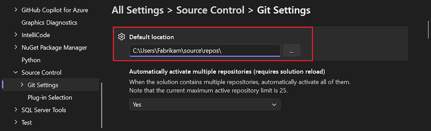 Snímek obrazovky s možností Výchozí umístění v podokně Možnosti