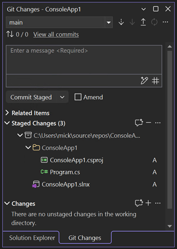 Snímek obrazovky s dialogovým oknem commit v Gitu ve Visual Studio