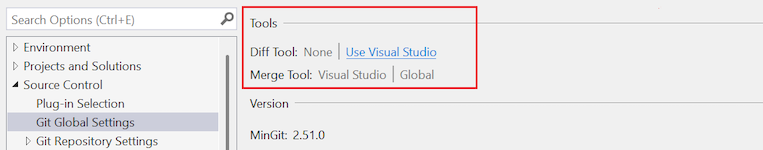Snímek obrazovky znázorňující možnosti Nástroj pro zobrazení rozdílů a Nástroj pro sloučení se zvýrazněným odkazem na Použít Visual Studio
