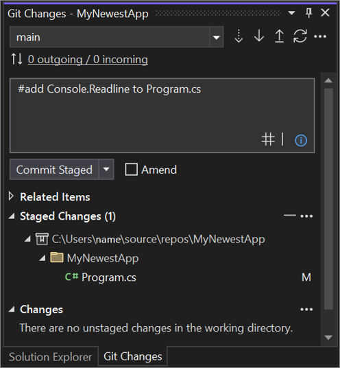 Dialogové okno potvrzení Gitu v sadě Visual Studio 2022