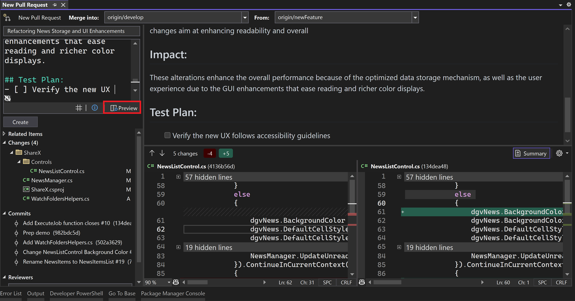 Okno Nové žádosti o přijetí změn se zvýrazněným textem tlačítka náhledu ve Visual Studio 2022.
