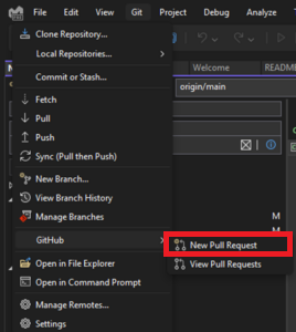 Hlavní nabídka Git s vybraným GitHubem a zvýrazněným textem 'Nová žádost o přijetí změn' v sadě Visual Studio 2022.