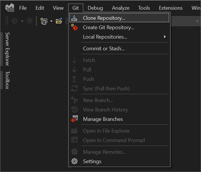 Screenshot of the full Clone Repository option from the Git menu in Visual Studio.