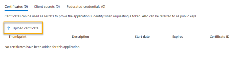 Screenshot that shows how to upload a certificate.