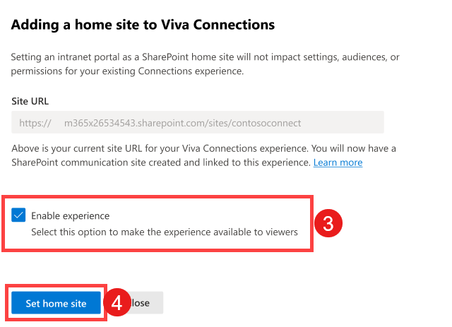 Screenshot highlighting the steps to enable the Viva Connections experience and set it as a home site.