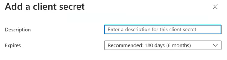 Screenshot that shows how to enter a description for the client secret.