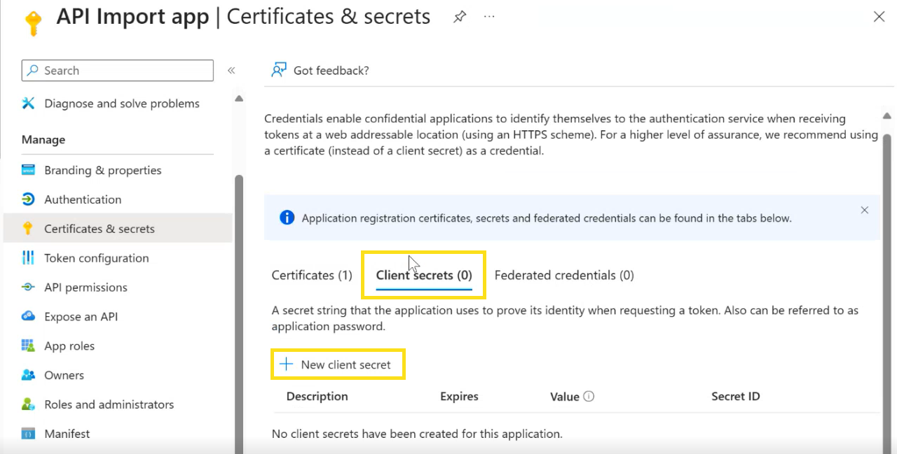 Screenshot that shows how to create a new client secret.