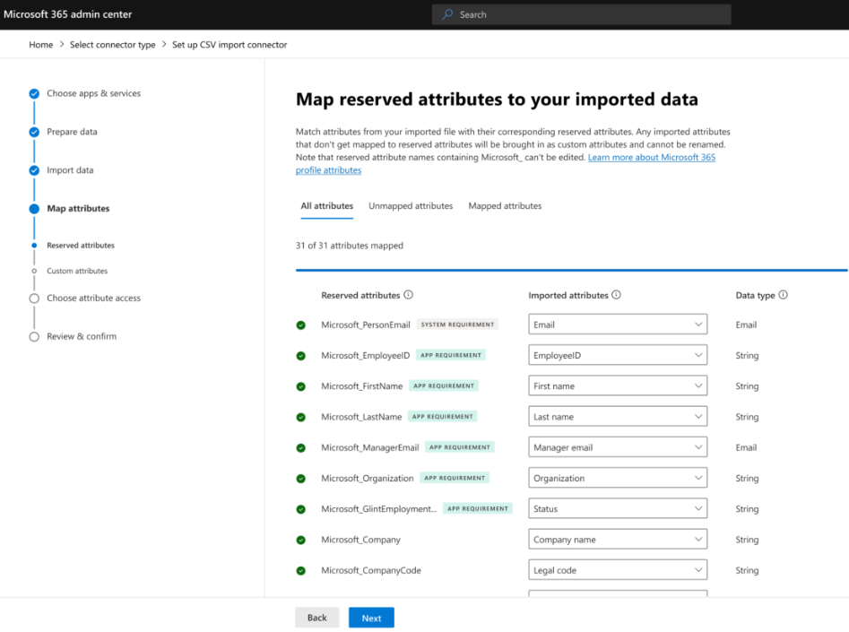 Screenshot of the page for mapping reserved attributes.