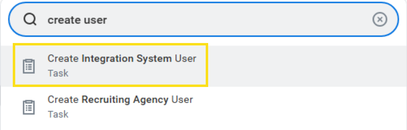 Screenshot of the search field for Create Integration System user.