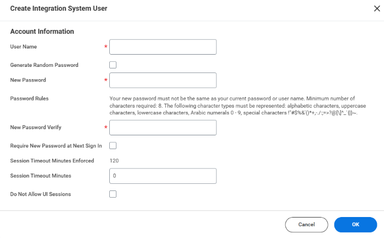 Screenshot of the page to Create Integration System User.