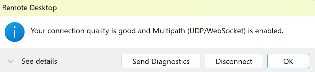 Snímek obrazovky s informacemi o připojení, které ukazují, že je povolený protokol RDP Multipath