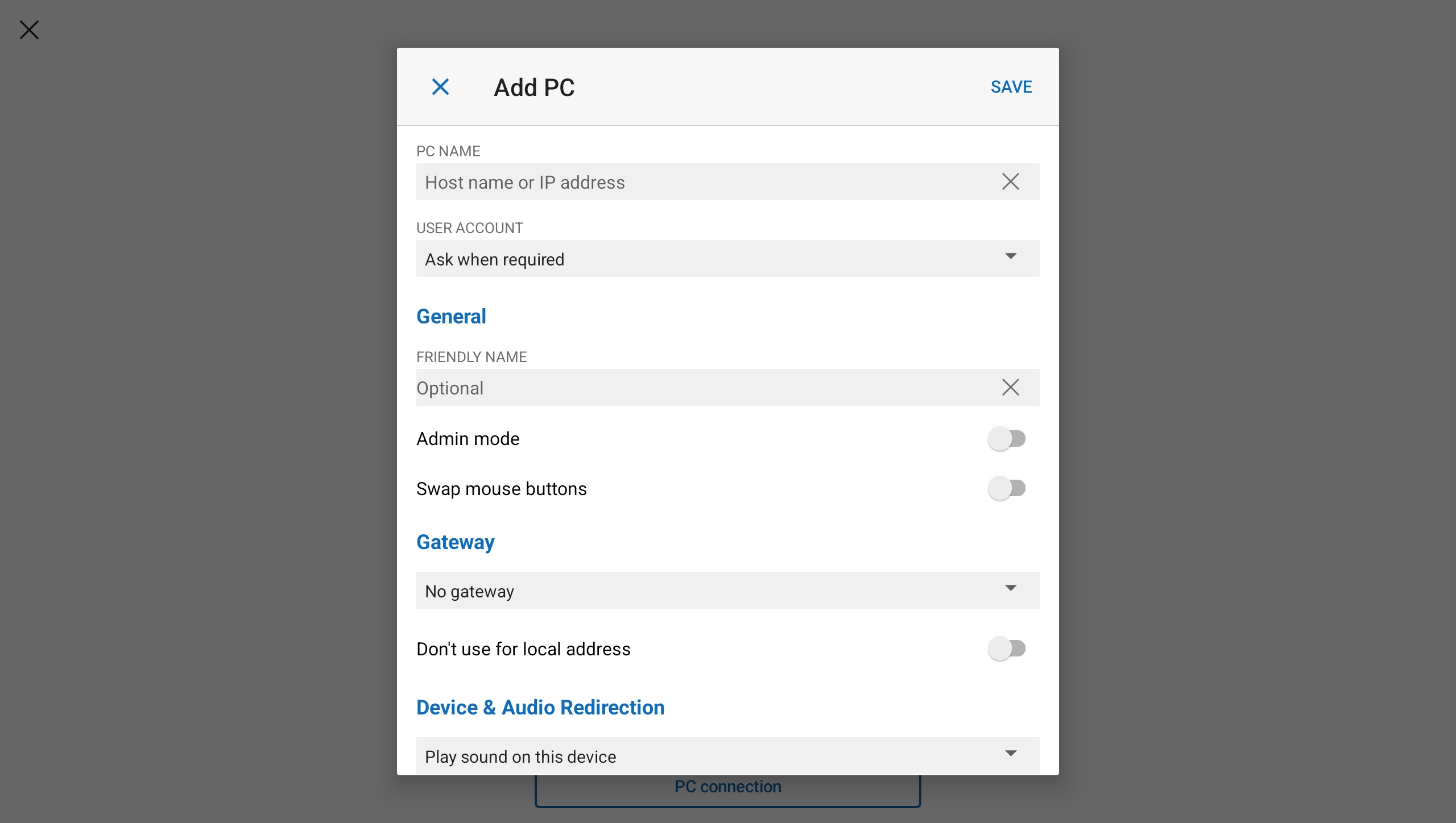 Snímek obrazovky zobrazující dialogové okno pro přidání připojení ke vzdálenému počítači v aplikaci Windows na Androidu.