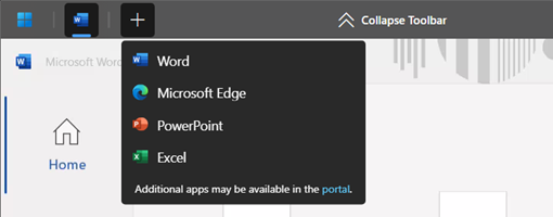 Snímek obrazovky zobrazující spouštěč pro RemoteApp pro Azure Virtual Desktop pomocí aplikace Windows ve webovém prohlížeči.