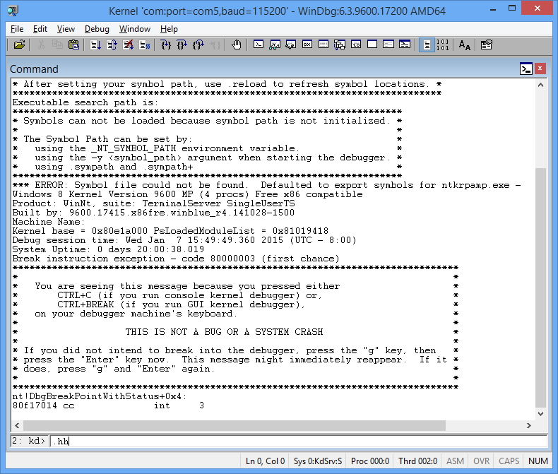 Screenshot of Windows Debugger displaying command window output from a live kernel connection.