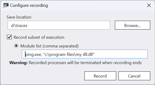 Screenshot of Configure Recording dialog with record subset of execution checked and module list text box.