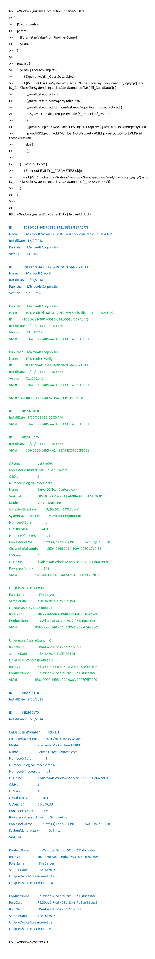 Screenshot of the second example output report that includes the Expand-SilData function.