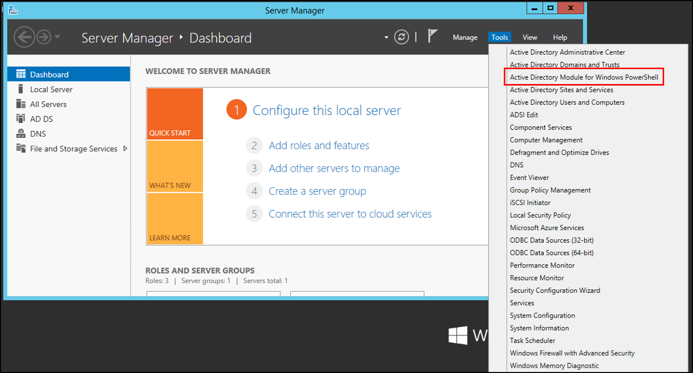 Snímek obrazovky s rozevíracím seznamem Nástroje ve Správci serveru, kde je vybrána možnost Modul služba Active Directory pro Windows PowerShell.