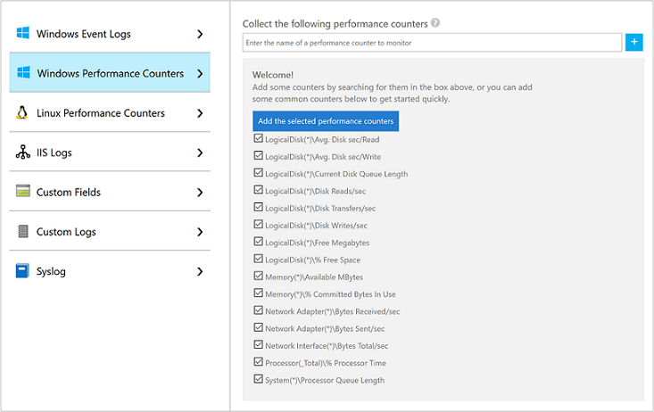 Default Windows performance counters selected