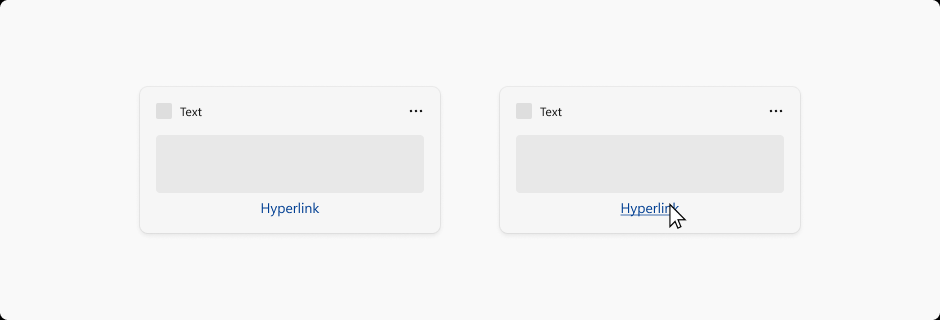 Dva obrázky widgetů, které znázorňují hypertextové odkazy První obrázek ukazuje hypertextový řetězec textu. Text je prostý. Na druhém obrázku najede kurzor myši na hypertextový odkaz, což způsobí podtržení textu.