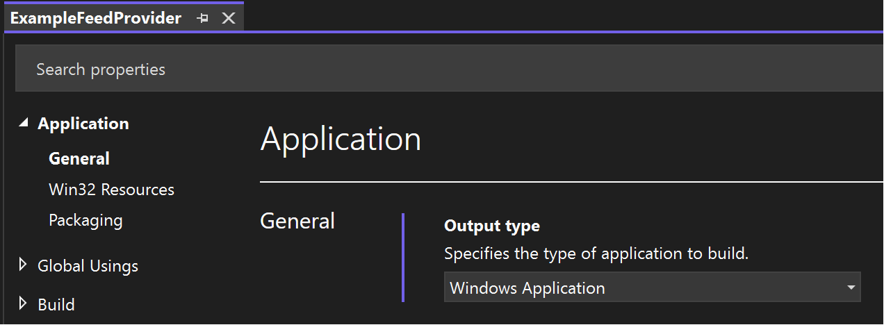 Snímek obrazovky znázorňující vlastnosti projektu zprostředkovatele informačního kanálu C# s typem výstupu nastaveným na aplikaci systému Windows
