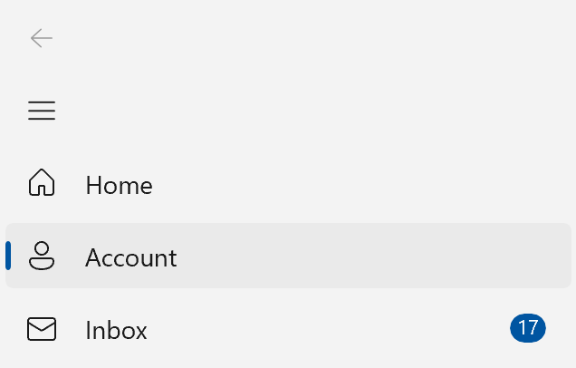 NavigationView s InfoBadge u položky Doručená pošta zobrazující číslo 17