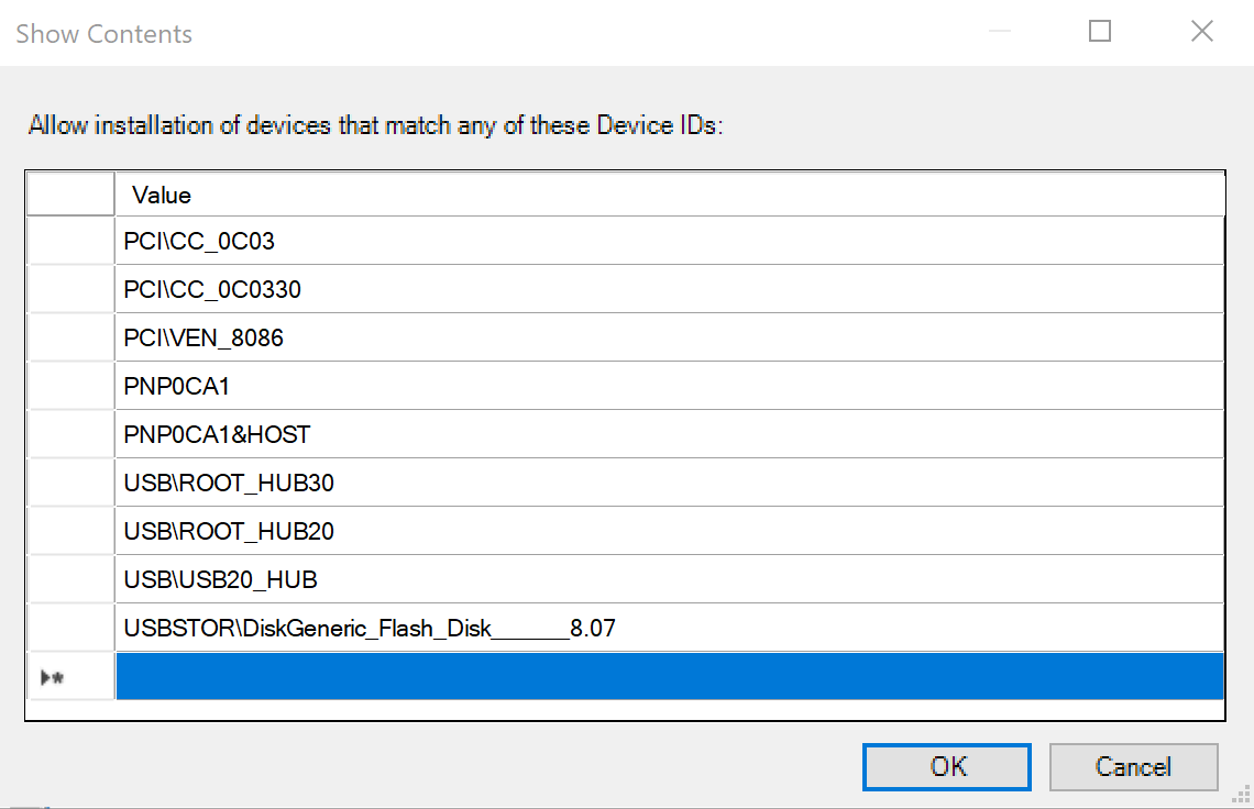 Image of an example list of devices that have been configured for the policy "Allow installation of devices that match any of these Device IDs.".