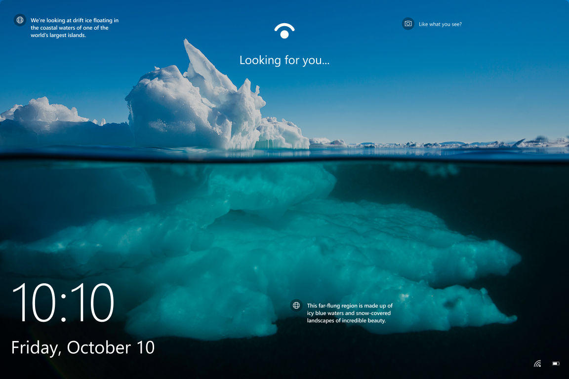 Screenshot of the Windows 10 lock screen with Windows Spotlight enabled.
