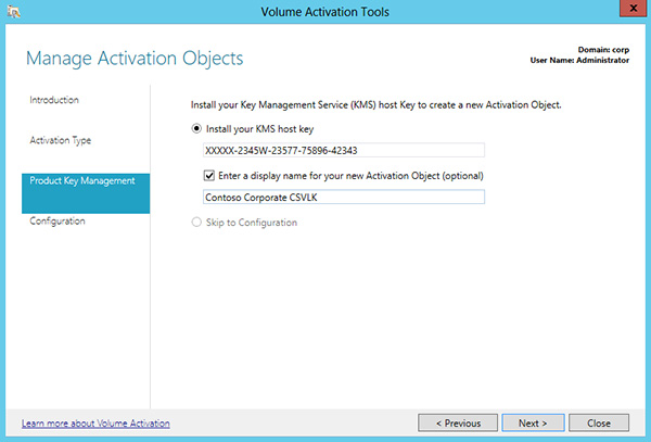 Entering the organization's KMS host key.