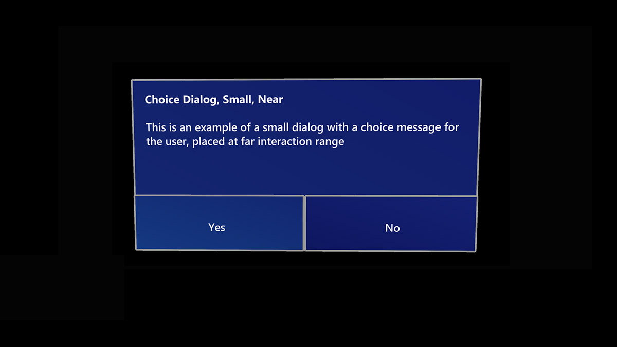 Snímek obrazovky s překryvem dialogového okna s tlačítky ano a ne zobrazenými na HoloLensu
