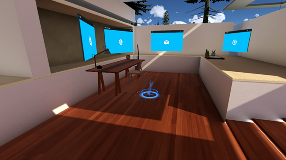 Několik 2D zobrazení rozložených kolem domovské stránky Windows Mixed Reality