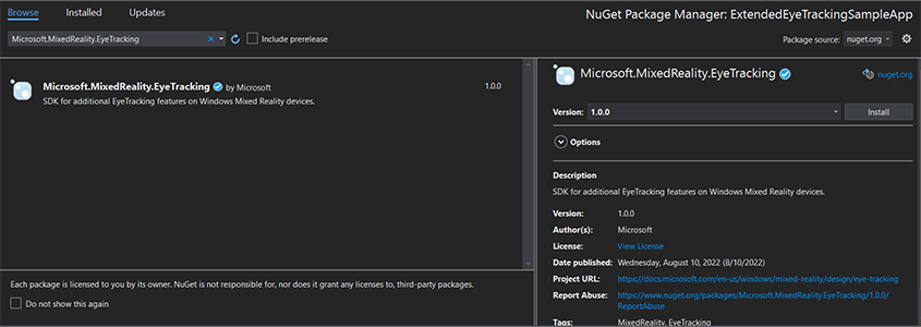 Snímek obrazovky s balíčkem NuGet sady Eye Tracking SDK
