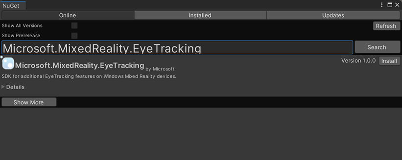 Snímek obrazovky s balíčkem Nuget sdk pro sledování očí