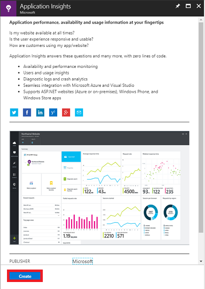 Snímek obrazovky Application Insights se zvýrazněnou možností Vytvořit