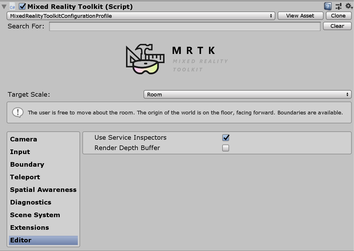 Nástroje pro konfiguraci editoru MRTK