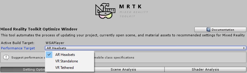 Cíl výkonu okna optimalizace MRTK