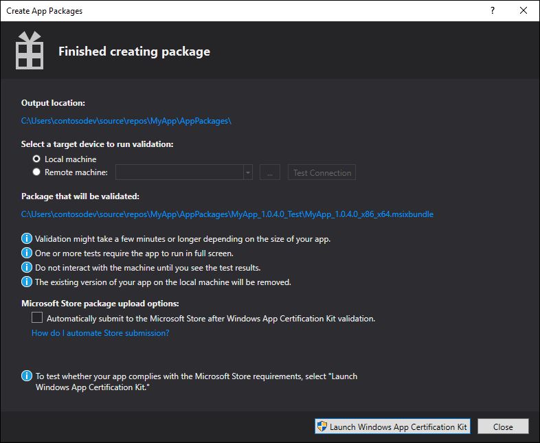 Dokončené okno vytvoření balíčku se zobrazenými možnostmi ověření