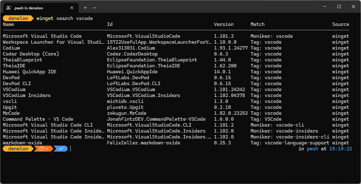 Screenshot of the Windows Power Shell window displaying the results of the winget search.
