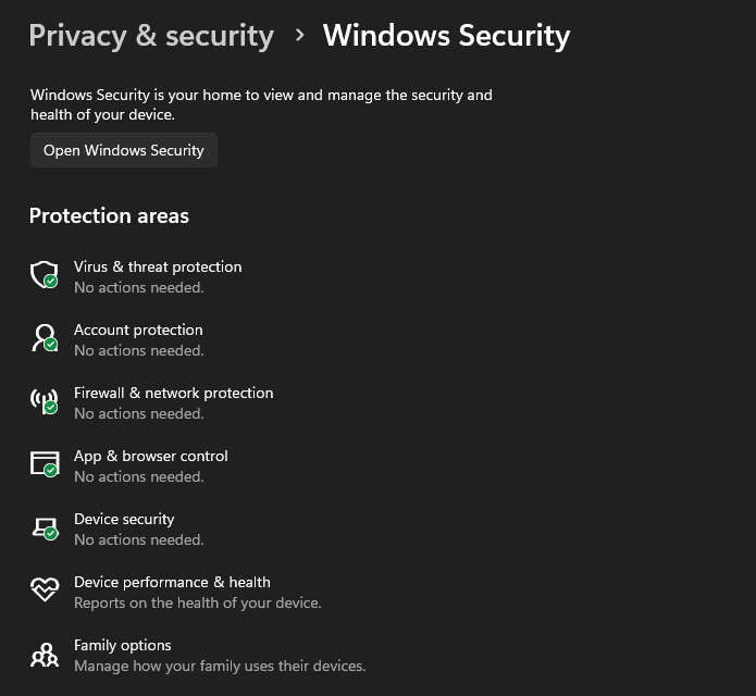 Screenshot of Windows Settings showing the different areas available in the Windows Security.