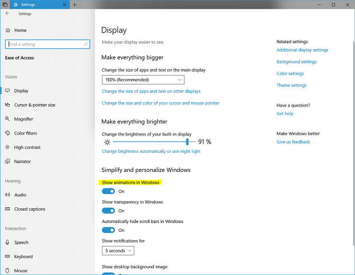 Možnost Animace v nastavení