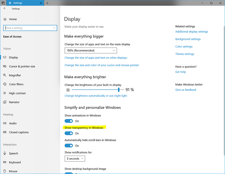 Možnost průhlednosti v nastavení