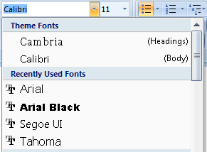 screen shot of font drop-down list 