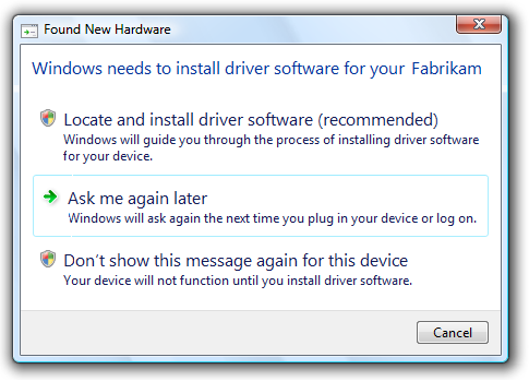 snímek obrazovky s dialogovým oknem Nalezen nový hardware 