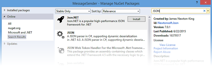 Installing the Json.NET package
