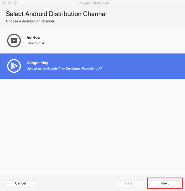 Select Android Distribution dialog