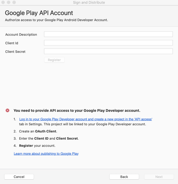 Google Play API Account dialog