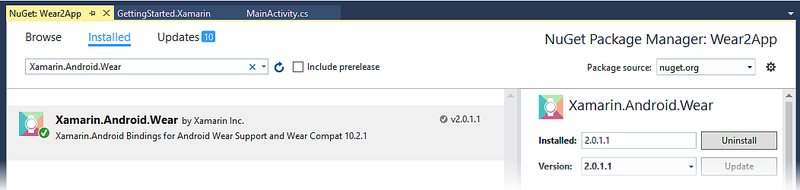 Instalace NuGetu Xamarin.Android.Wear v2.0 Xamarin.Android.Wear v2.0