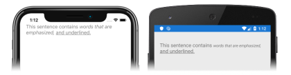 Snímek obrazovky s objektem Label zobrazujícím formátovaný text v iOSu a Androidu